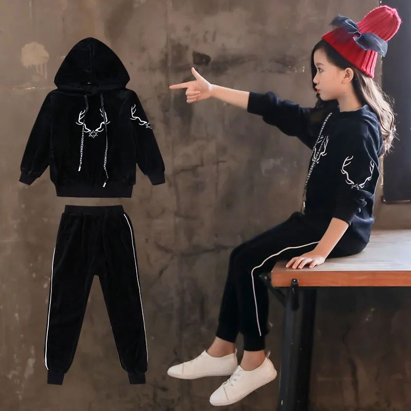 Оригинальные Осенние костюмы для девочек бархатные толстовки с вышивкой и брюки