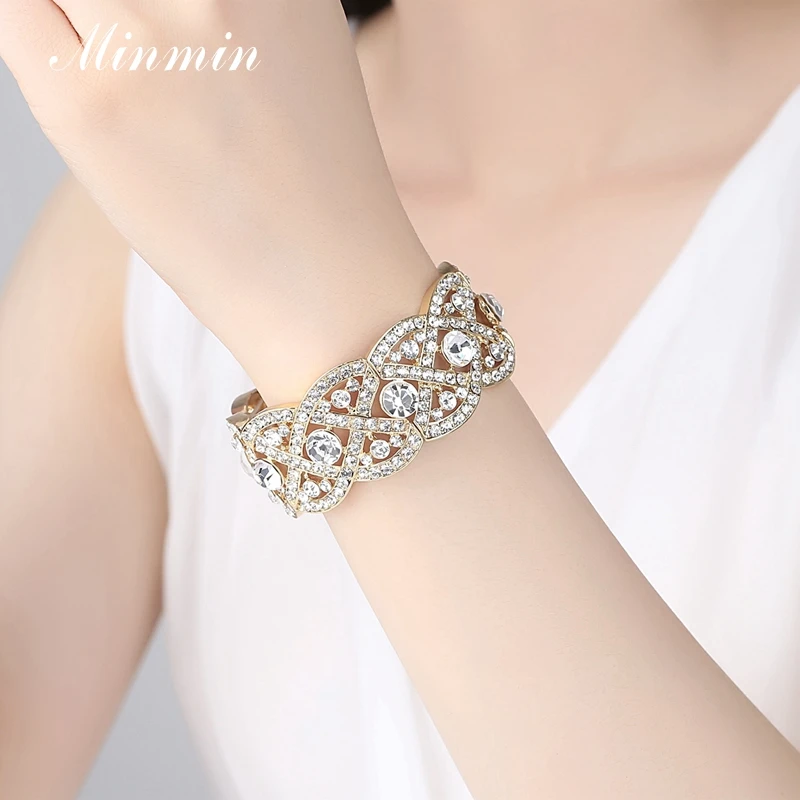 Большие золотистые браслеты Minmin с кристаллами Цветочный браслет для женщин