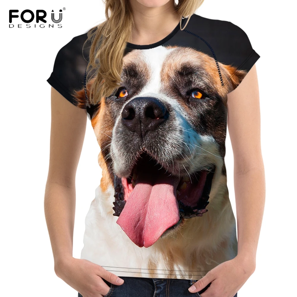 

FORUDESIGNS Funny 3D Dog Saint Bernard Printing Women T shirt Summer Short Sleeve Top Tee Clothing for Teen Girl O Neck T-shirt