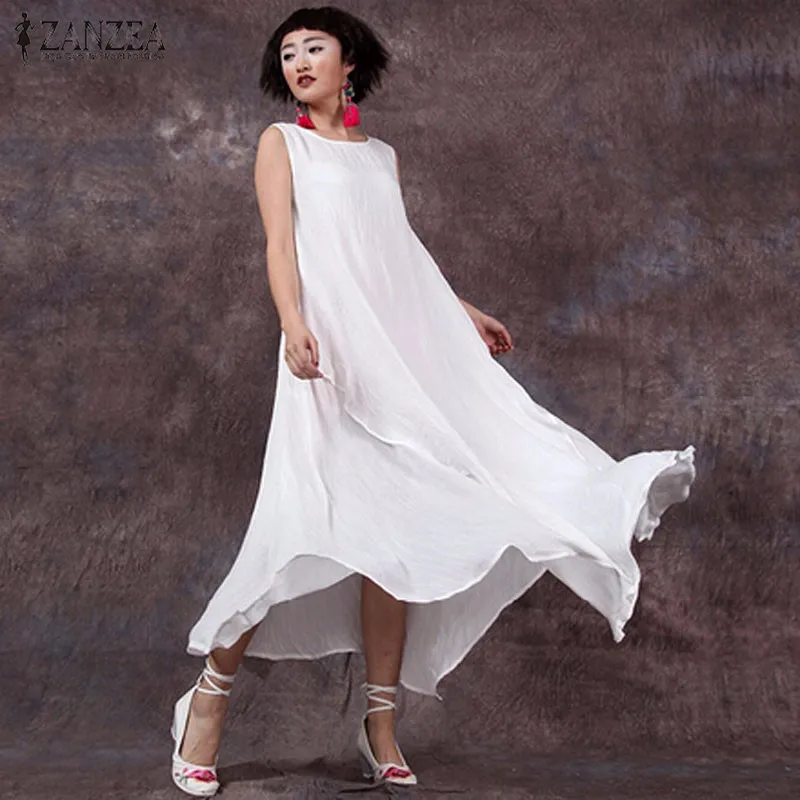 ZANZEA мода 2019 летнее платье женское сексуальное без рукавов из хлопка и льна