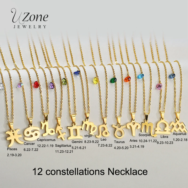 Ожерелье-цепочка UZone из нержавеющей стали с фианитами и золотыми знаками Зодиака