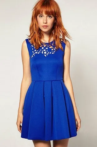 Women Fashion and Pretty Pleated Dresses Blue Orange Sleeveless O-Neck Solid Hollow Out Brief Dress | Женская одежда