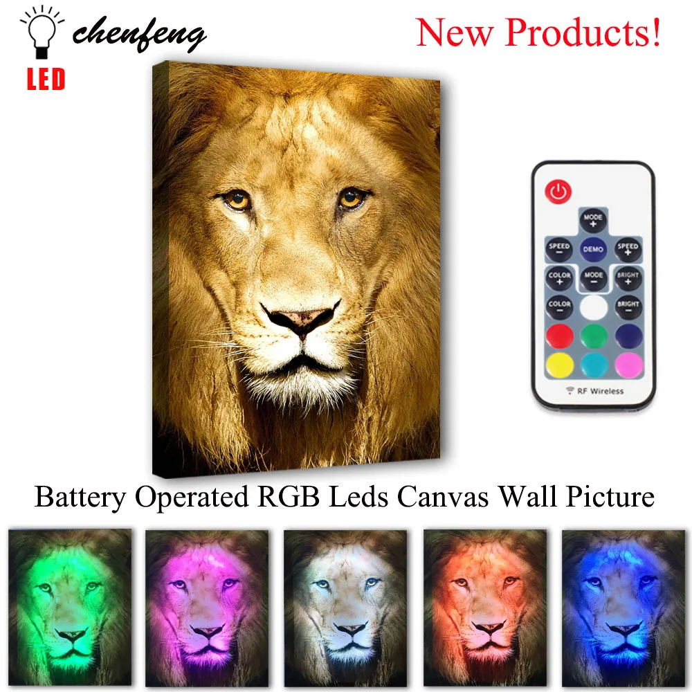 RGB Led холст Настенный декор Львиное лицо животное картина дистанционное