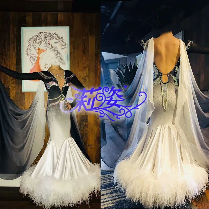 

Everyday Ballroom Waltz Tango Quickstep Dance Dress COSTUME-MADE ballroom dance dress White Ostrich Feather ballroom dance dress