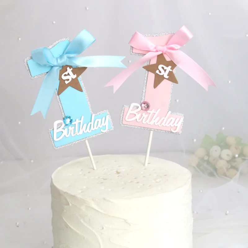 2 шт./лот Топпер для торта на 1 й день рождения розовая синяя лента Baby Shower топпер