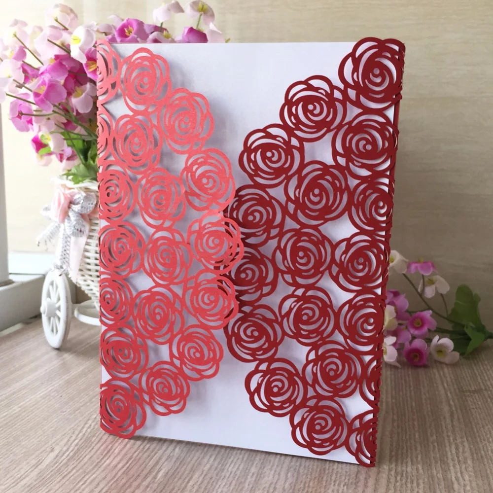 

50pcs Glossy Paper Love Rose Wedding Invitations Decoration Place name Card Birthday Party Invite Greeting Thanksgiving Card