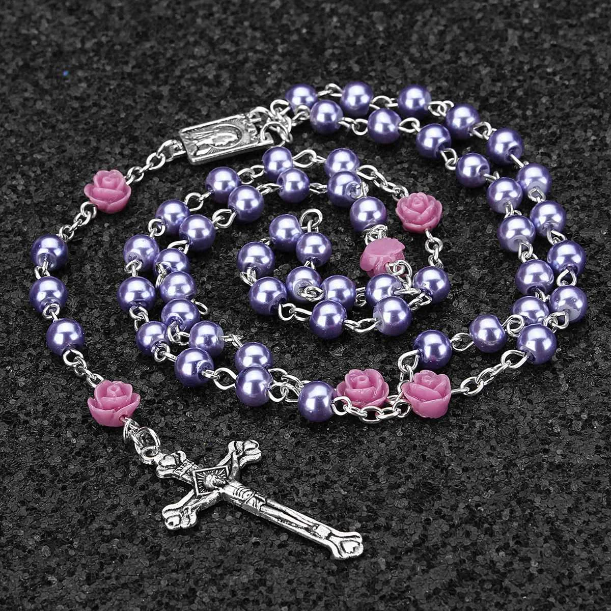 purple 5 цветов, ожерелье, женское, мужское, имитирующее жемчуг, ожерелье из бисера, серебряная капля, четки, крест Девы Марии, центр - Окраска металла: purple