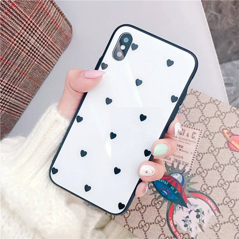 GlamPhoneCase White Love Heart Glass Phone Case for IPhone 6 6s 6plus 7/7plus Sweet Anti-knock Hard Cover For iPhone 8 8plus X |