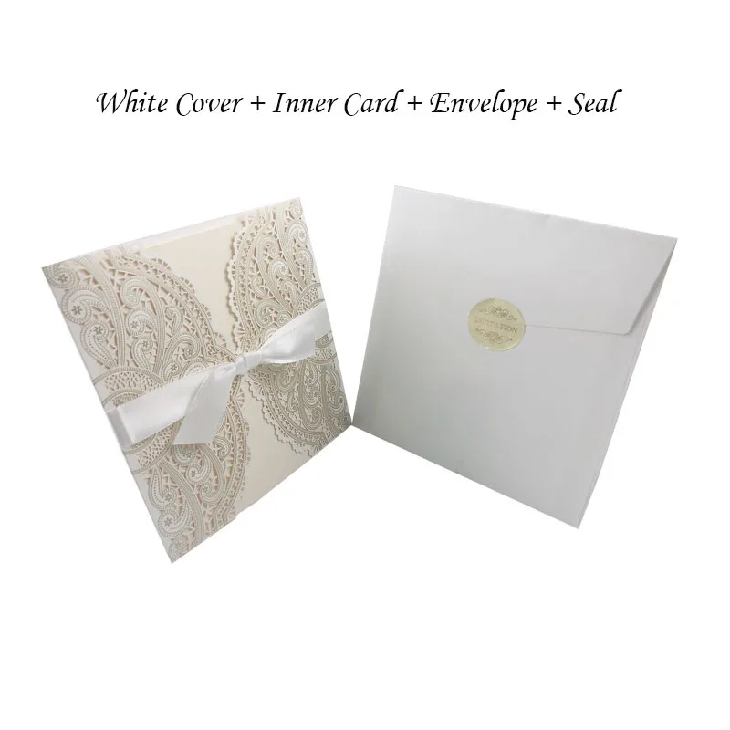 One Set White 1 шт., синий, белый, золотой, красный, лазерная резка, свадебные приглашения, карты, элегантные, на заказ, с лентой, для праздника, дня рождения, вечеринки, свадебные украшения - Цвет: One Set White