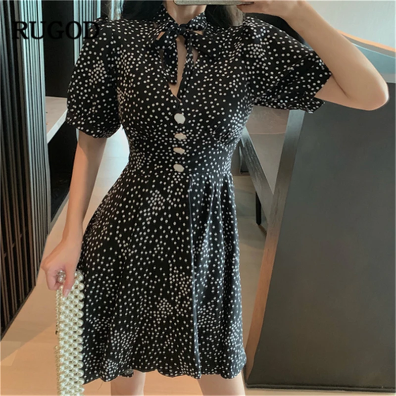 RUGOD 2019 New Summer Women Dot Mini Dress Strap V-neck Short Sleeves High Waist Slim A-line Vestidos Vintage Mujer Modis | Женская