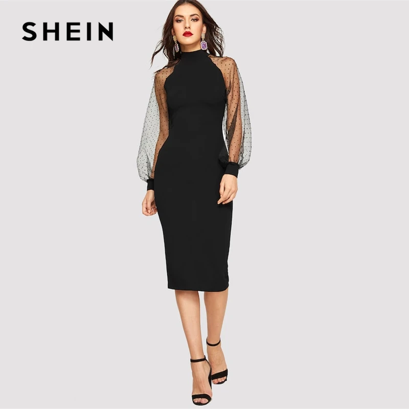SHEIN вечерние облегающее платье-карандаш черного или синего цвета с жаккардовым контрастным Сетчатое платье-фонарь с рукавом Весенние Женские однотонные платья с длинным рукавом