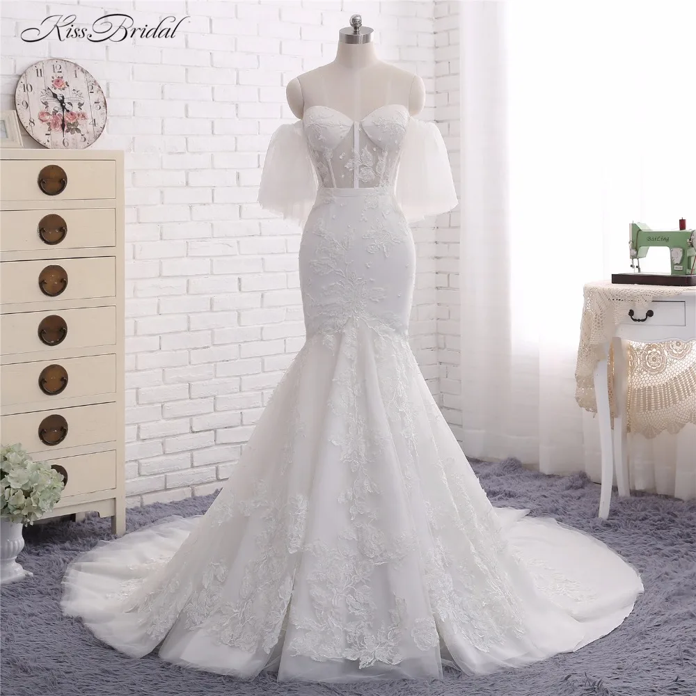 Свадебное платье русалки 2017 свадебное без бретелек с аппликациями фатиновое