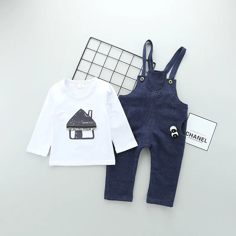 Spring Baby Clothes Set Long Sleeve Autumn 1-3Y Cartoon House pattern Boys T shirts+Overall Pants 2pcs Cotton Casual Suits | Детская