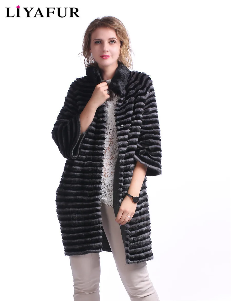 LIYAFUR New Style Real Genuine Mink Fur With Rex Rabbit Stripped Long Coat For Women Natural Cardigan Lining Outerwear|mink fur|genuine minkreal mink