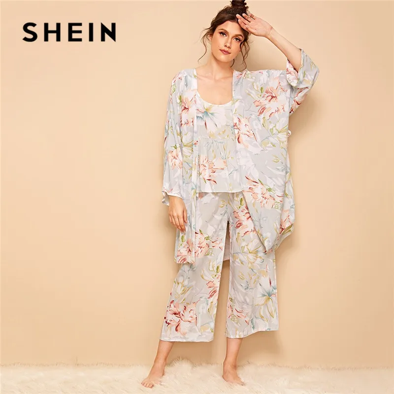 SHEIN цветочный принт Cami пижамный комплект с халатиком для женщин Летняя повседневная одежда для сна Спагетти ремень с длинным рукавом поясом женский халат