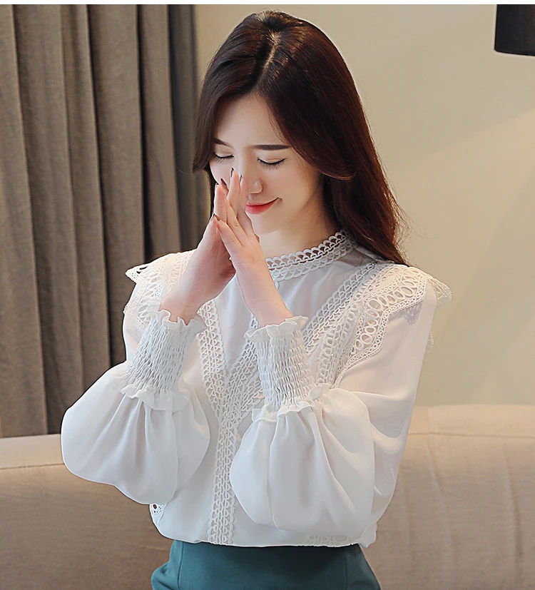 Blusas mujer de moda белая открытая кружевная шифоновая блузка рубашка с рукавом длинным Женские топы и блузки рубашка женская одежда 1448 45