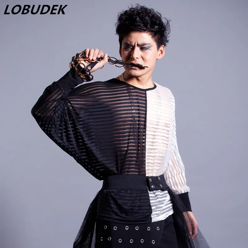 Мужской костюм метросексуал с длинными рукавами черно белая летняя футболка в