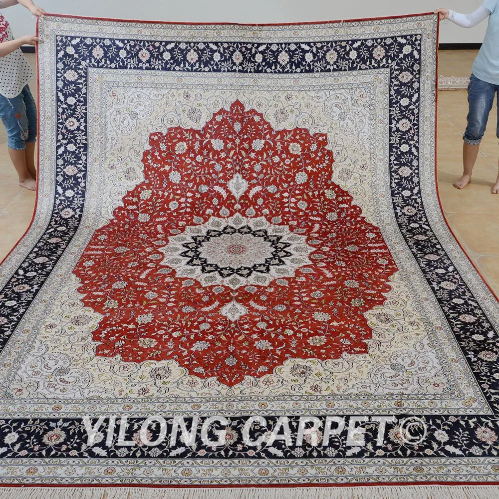 Koop Yilong 9'x12 'Antieke Klassieke Kleed Grote Rode Medaillon Vantage Handgemaakte Perzische Zijden Tapijt (0896)