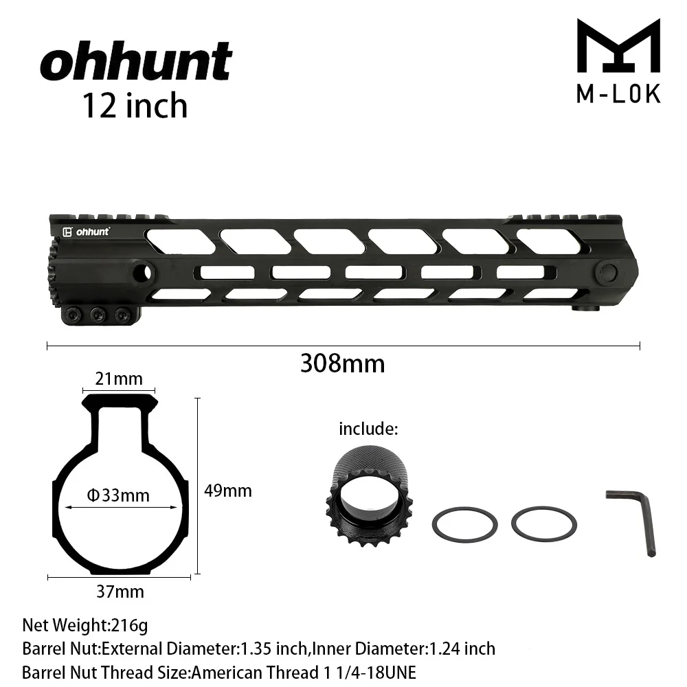 12 inch Black Ohhunt " 9" 1" 12" 13," 15" 1" AR15 бесплатно поплавок M-LOK Handguard Пикатинни ультра легкий тонкий стиль стальной баррель гайка - Цвет: 12 inch Black