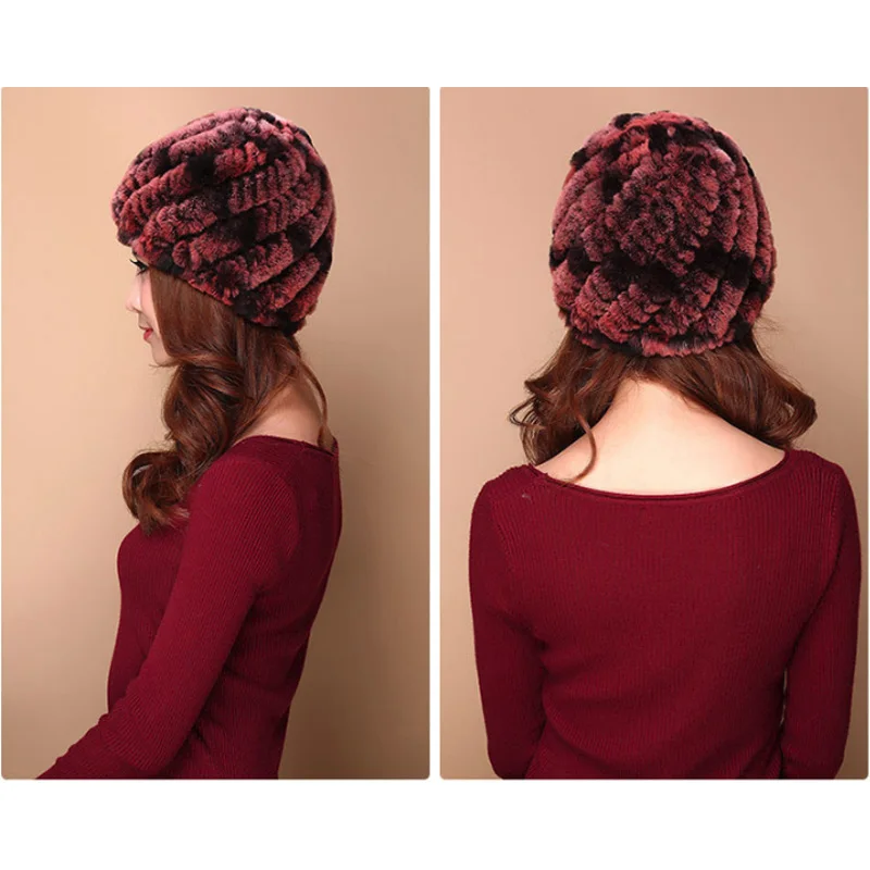 

2017 Rushed Adult Solid Casual Women Handmade Knitted Real Rex Rabbit Fur Hats Genuine Warm Winter Caps For Beanies Headgear