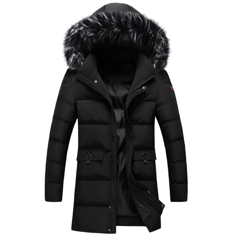 black TIEPUS, новинка, пуховик, мужской, однотонный, с меховым воротником, с капюшоном, длинный, секционный, парка, мужское зимнее пальто размера плюс M~ 5XL, 6XL, 7XL, 8XL - Цвет: black