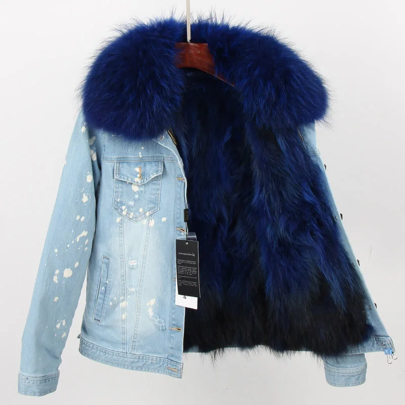 Maomaokong2018 new Natural raccoon fur detachable lining Real raccoon fur collar denim jacket Woman's hole cowboy Short coat - Цвет: 8