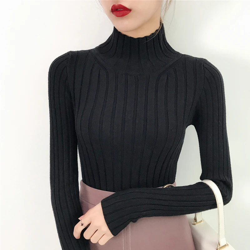 2019 White turtleneck sweater and semi small fresh female short thick slim tight long sleeved all-match knitted shirt | Женская одежда