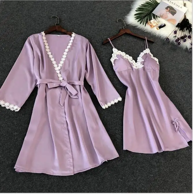 Lavender B Комплект из 4 предметов, сексуальное шелковое атласное ночное белье, Цветочный халат+ ночная рубашка+ топ-комбинация+ шорты, кружевное ночное белье, домашняя одежда для женщин - Цвет: Lavender B