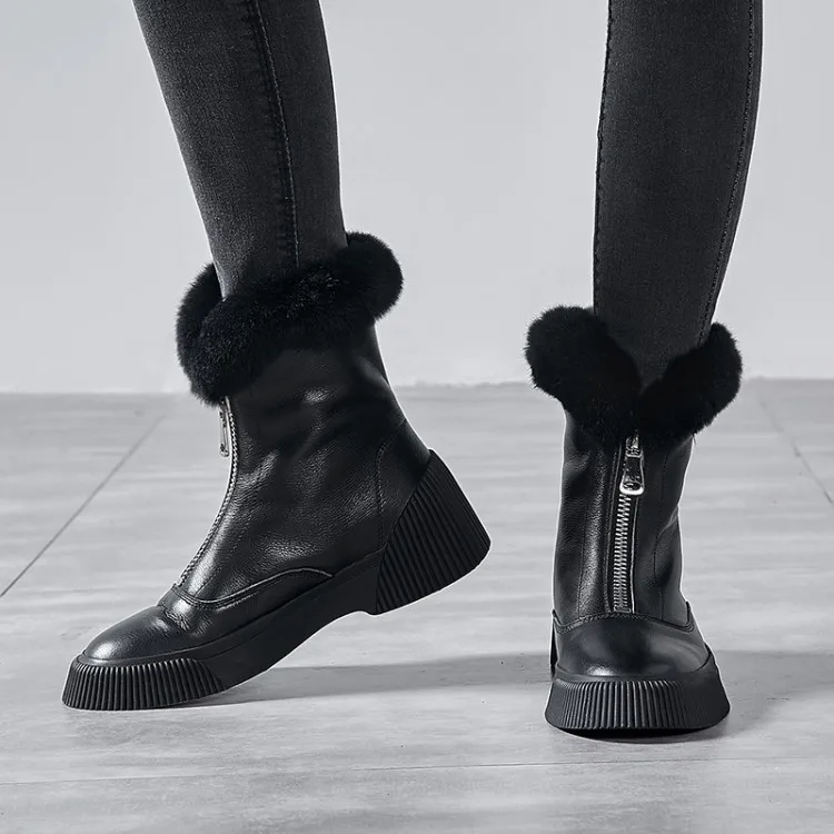 GPOKHDS women snow boots cow leather zippers winter warm wool blend round toe high heels boots