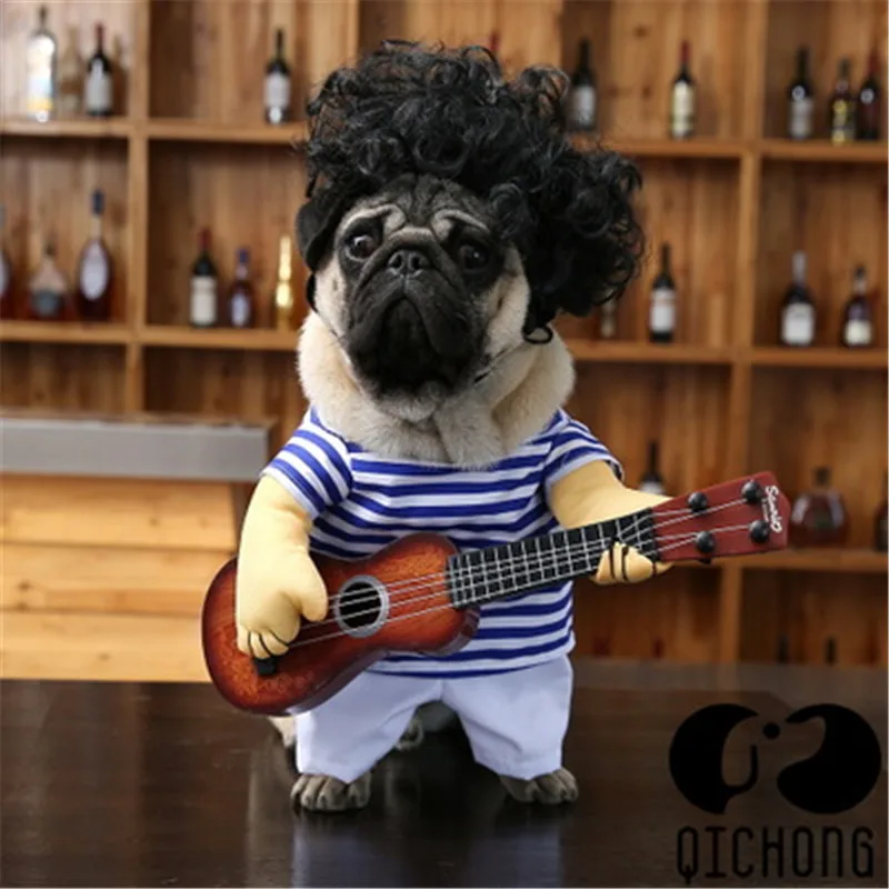 Guitar Dog Clothes Funny Striped Pet Christmas Costume Dressing Up Party Xmas Halloween New Year for Cats Plus Wig | Дом и сад