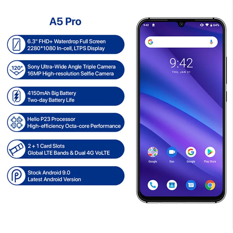 UMIDIGI A5 PRO Мобильный телефон Android 9 0 6 3 &quotFHD + Капля воды 4 ГБ 32 Восьмиядерный 16 МП