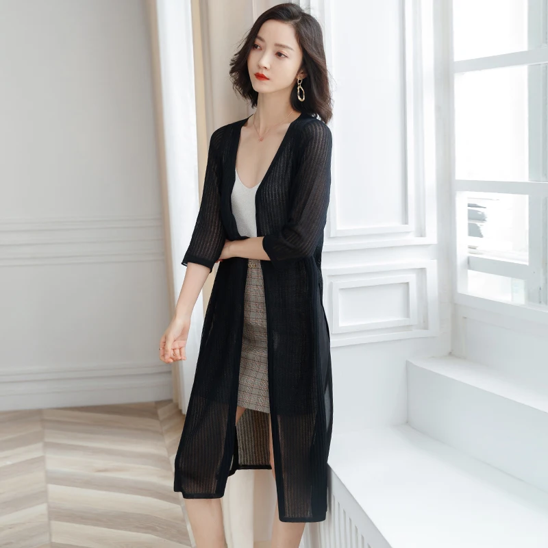 Knitted Cardigan Women 2019 Summer Long Over The Knee Sunscreen Shawl Coat Fashion Three Quarter Sleeve Thin Female Jacket M-XL |
