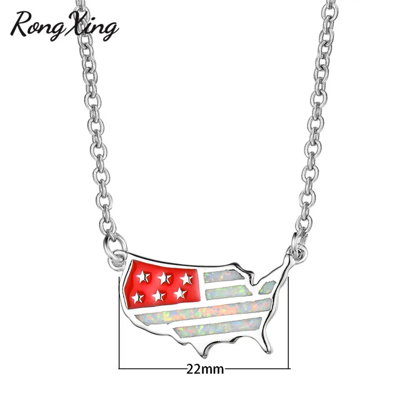 RongXing Silver Color American Flag Pendant Necklaces for Women White/Blue Fire Opal Birthstone Necklace Xmas Gift | Украшения и