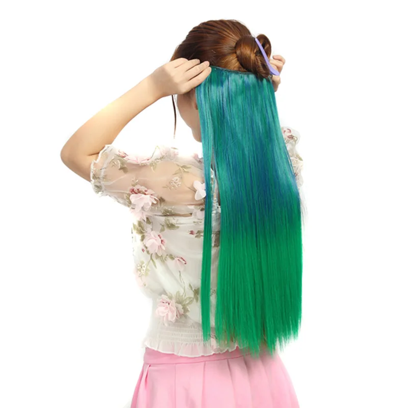 

jeedou Ombre Color Clip In One Piece With 5Clips Hair Extensions Straight Synthetic Hair Green Pink Natural Colors Hairpieces