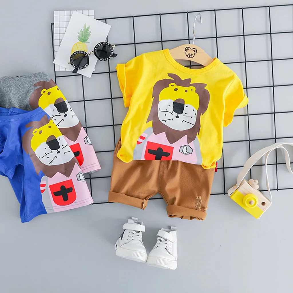 ISHOWTIENDA 2PCS Baby Boys Summer Clothes Sets Toddler Kids Boy Cartoon Lion Tops T-shirt Solid Short Pants Casual Outfits |