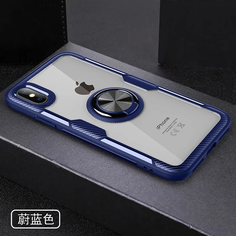 BLUE Прозрачное стекло Автомобильный Кронштейн кольцо стенд телефонные чехлы для iPhone 10 6s 7 8 Plus XS MAX XR X 8 Plus Мягкий ТПУ силиконовый бампер чехол - Цвет: BLUE
