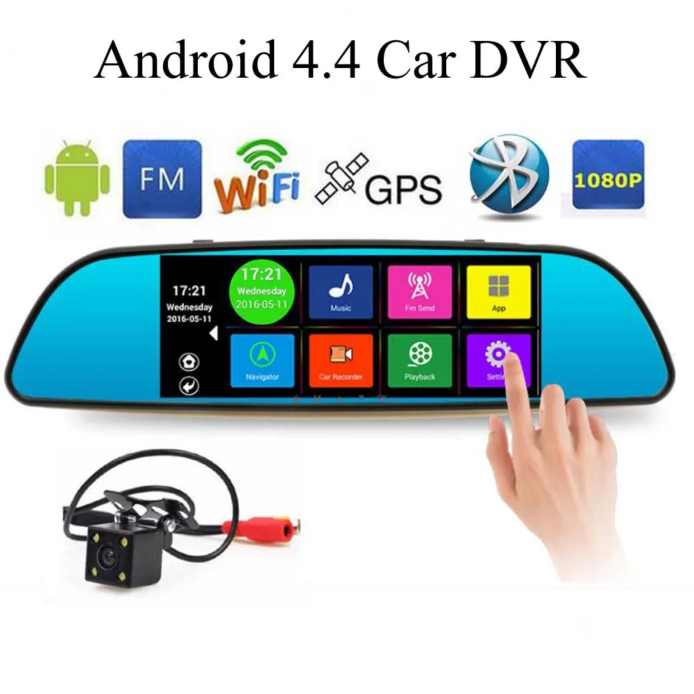 

Bluetooth WIFI Camera Rearview mirror 7 inch Special Android 4.4 Car DVR Full HD 1080P FM Map Free Update ROM 16GB Dual Lens