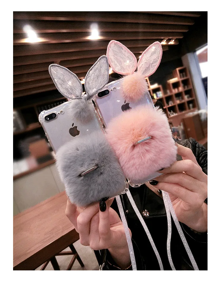Милый кролик волосатые Обувь на теплом меху чехол для iPhone 6, 6 S, 7, 8plus, Bling с кольцом-держателем плюшевыми кроликами Крышка для iPhone11 pro max X XS MAX XR
