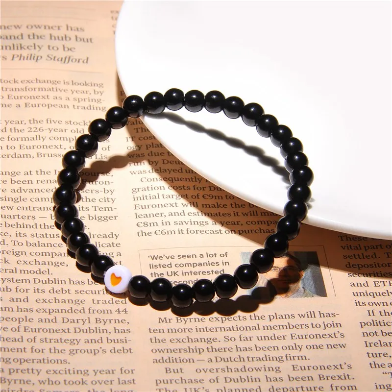 Pink Love Heart Round Flat Beads Woman Bracelets Natural Polished Black Gem Stone Beaded For Girl Friendship Bangles | Украшения и