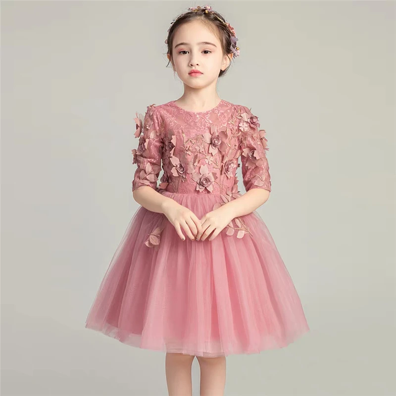 

3~12T Children Kids Elegant Appliques Flowers Half Sleeves Birthday Wedding Party Festivals Ceremony Princess Fluffy Dress Wear