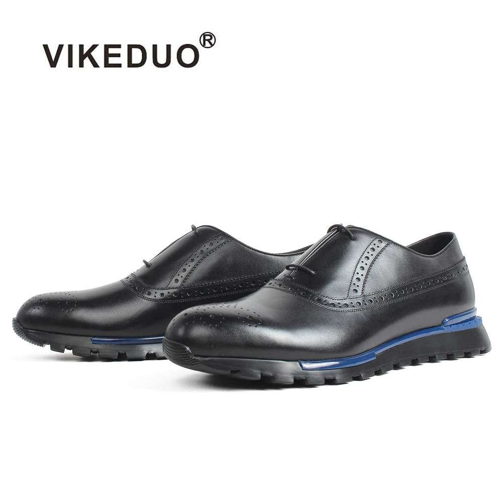 

VIKEDUO 2019 New Men's Sneakers Plain Black Casual Calf Leather Shoes Brogue Patina Handmade Mans Footwear Sports Light Shoes