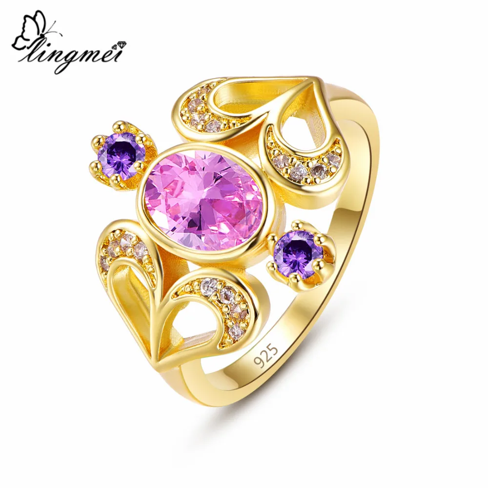 Lingmei свадебное кольцо OvalPinkGoldPurple Циркон серебряного цвета желтое позолоченное