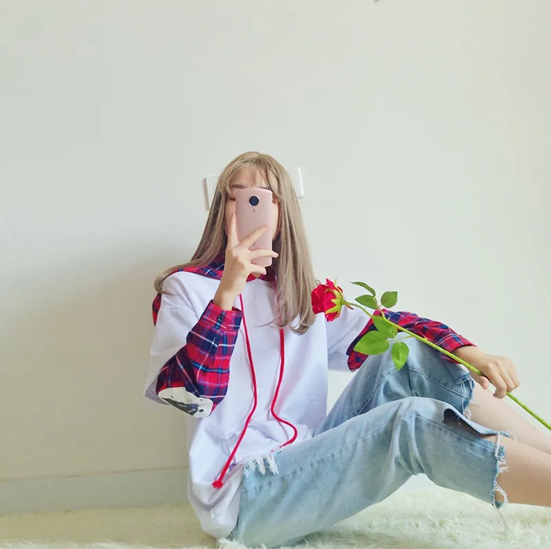 Японский милый уличный модный Женский свитшот Harajuku Kawaii Cat принт клетчатые толстовки черный спортивный костюм пуловер Женский свитшот