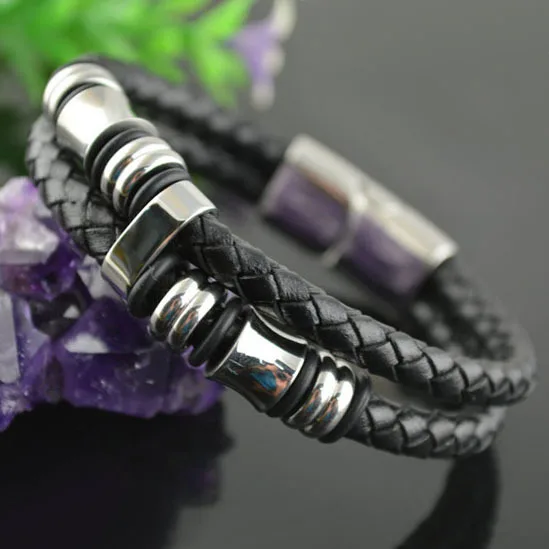 

5pcs High Quality Double Layer Genuine Leather Men Bracelet Stainless Steel Charms Bracelets & Bangles