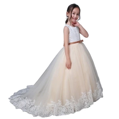 Champagne Beaded Organza Puffy Ball Gown Girls Pageant Dresses Sleeveless First Communion Dresses Girl Prom Dress Flower Girl