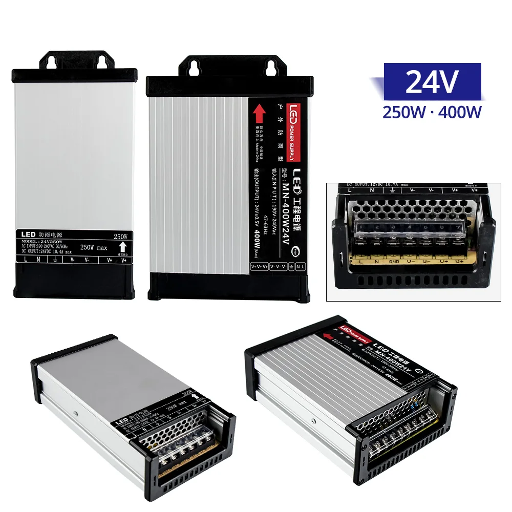 IP44 водонепроницаемый AC190 240V DC24V 12V источник питания 60W 100W 200W 250W 400W Светодиодный