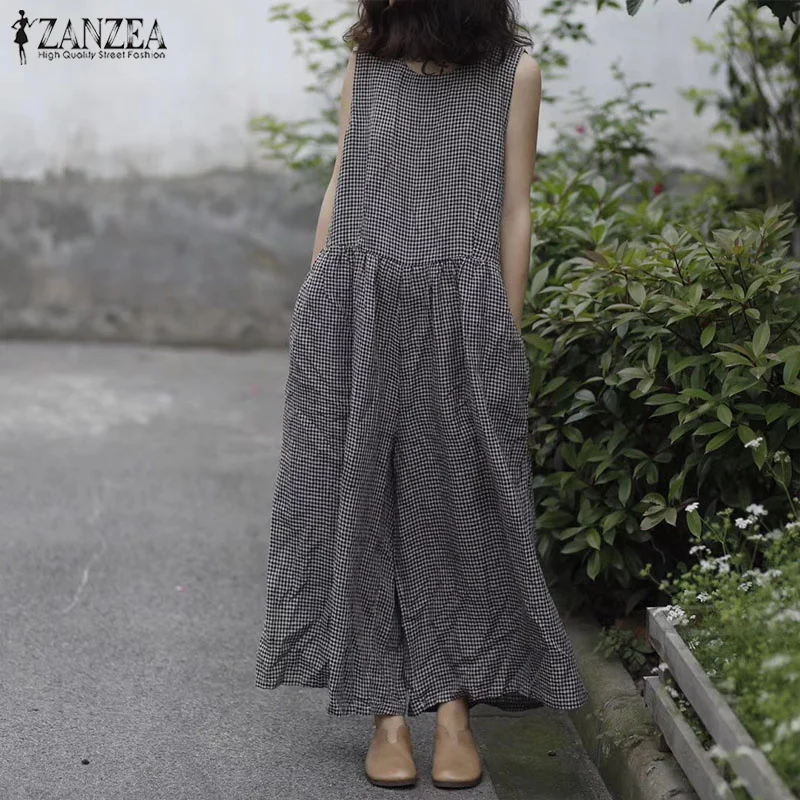 

ZANZEA Vintage Plaid Check Wide Leg Rompers Women Jumpsuit 2021 Summer Pockets Cotton Linen Overalls Causal Sleeveless Long Mono