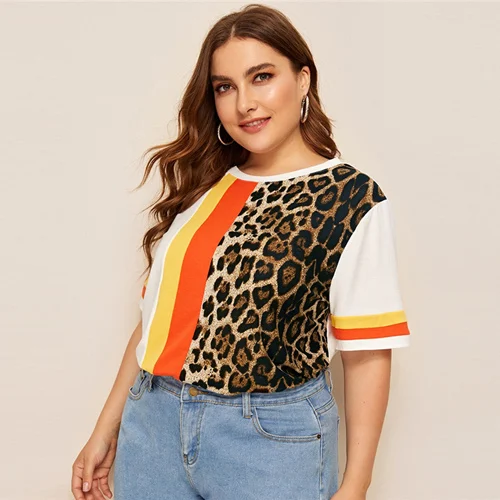 Yellow SHEIN, Женский Топ в полоску с леопардовым принтом размера плюс, лето, разноцветная Повседневная футболка с круглым вырезом, уличная футболка - Цвет: Yellow