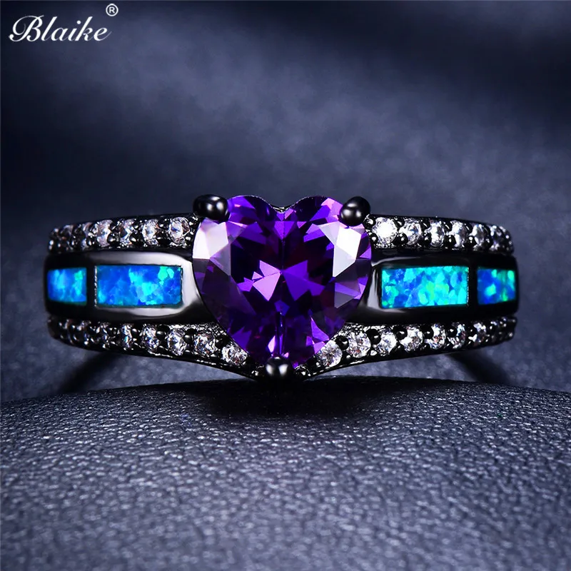 Blaike Aqua Blue/Шампанское/зеленый/розовый, красный/оливковый зеленый/Фиолетовый Сердце Циркон Кольца для женский, черный gold Filled Обручение ювелирные изделия