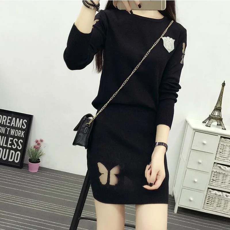 Женский вязаный костюм для женщин осень 2019 новинка с рисунком бабочки полный